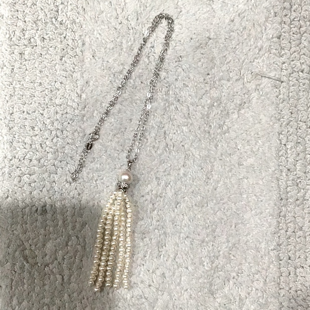 Silver necklace with pearl  pendant with silver and cubic zirconia accents